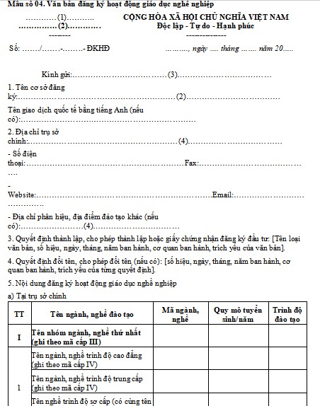 Mẫu số 04 - Văn bản đăng ký hoạt động giáo dục nghề nghiệp ban hành kèm nghị định 24/2020/NĐ-CP