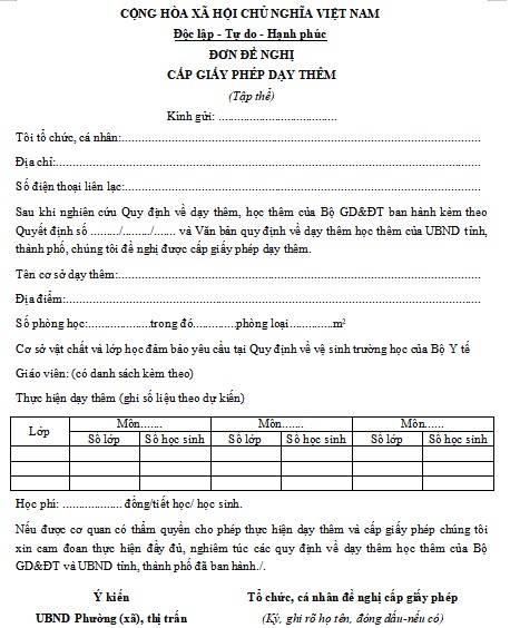 Mẫu đơn đề nghị cấp phép dạy thêm
