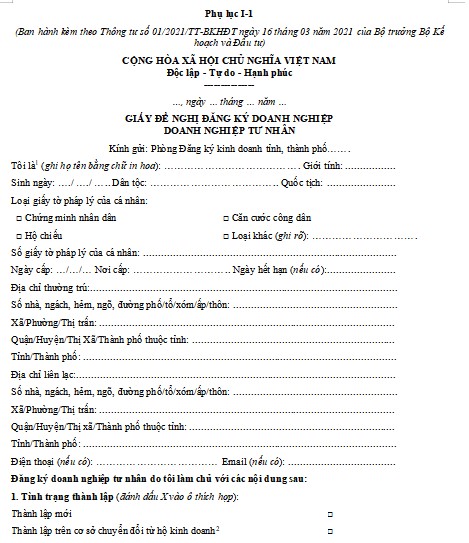 Mẫu giấy đề nghị đăng ký doanh nghiệp tư nhân​
