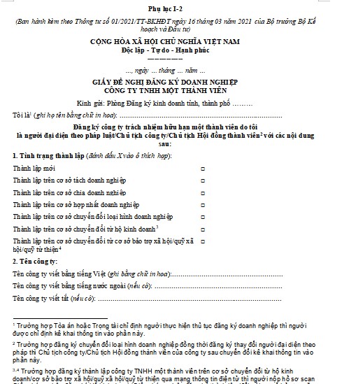 Mẫu giấy đề nghị đăng ký doanh nghiệp công ty TNHH một thành viên​