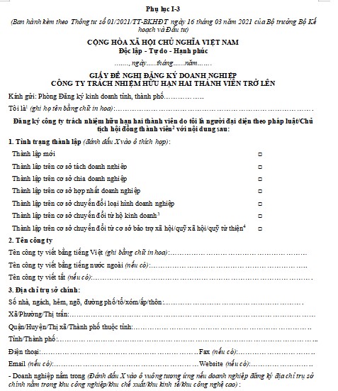 Mẫu giấy đề nghị đăng ký doanh nghiệp công ty TNHH hai thành viên trở lên​