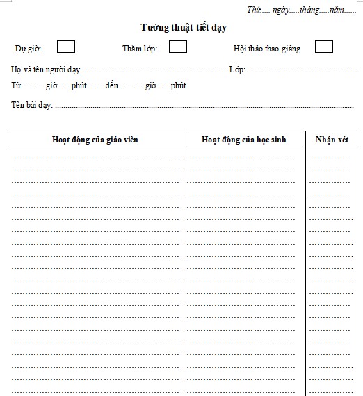 Mẫu sổ dự giờ mầm non