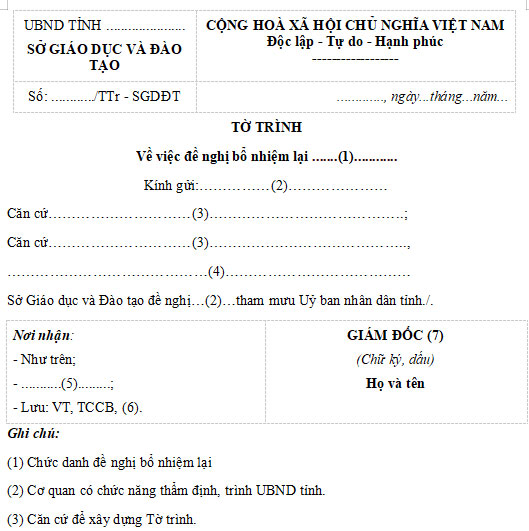 Mẫu tờ trình đề nghị về việc bổ nhiệm lại hiệu trưởng