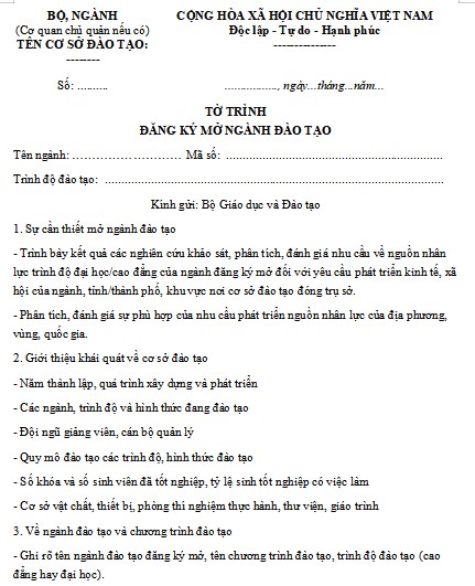 Mẫu tờ trình về việc đăng ký mở ngành đào tạo