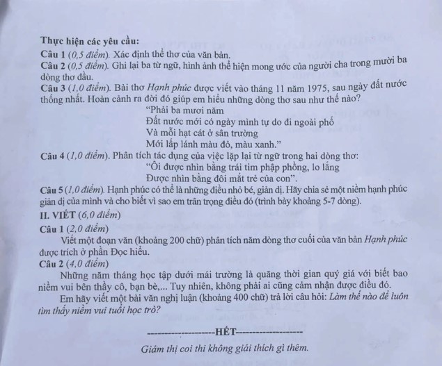 Đề thi tuyển sinh lớp 10 môn Văn 2025 Hà Nội