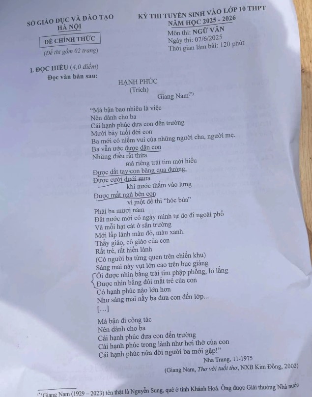 Đề thi tuyển sinh lớp 10 môn Văn 2025 Hà Nội