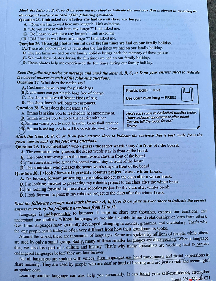 Đề thi tuyển sinh lớp 10 môn Tiếng Anh 2025 Hà Nội