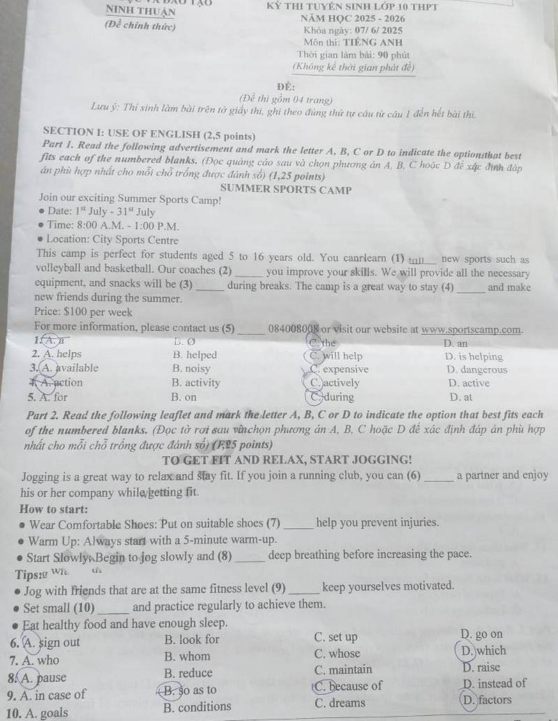 Đề thi vào lớp 10 môn Anh Ninh Thuận 2025