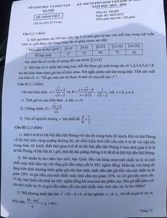 Đề thi tuyển sinh lớp 10 môn Toán 2025 Hà Nội