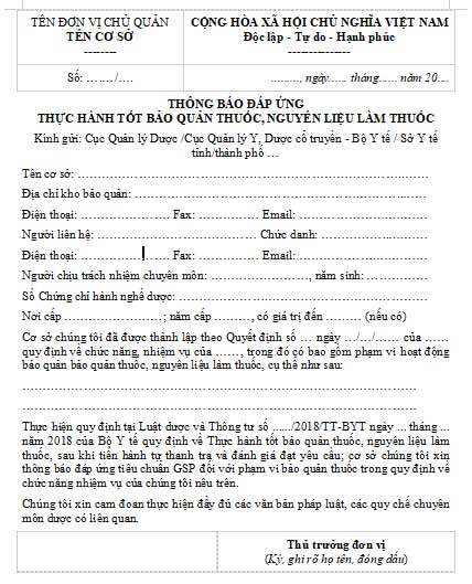 Mẫu thông báo đáp ứng thực hành tốt bảo quản thuốc, nguyên liệu làm thuốc