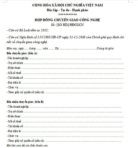 Mẫu hợp đồng chuyển giao công nghệ