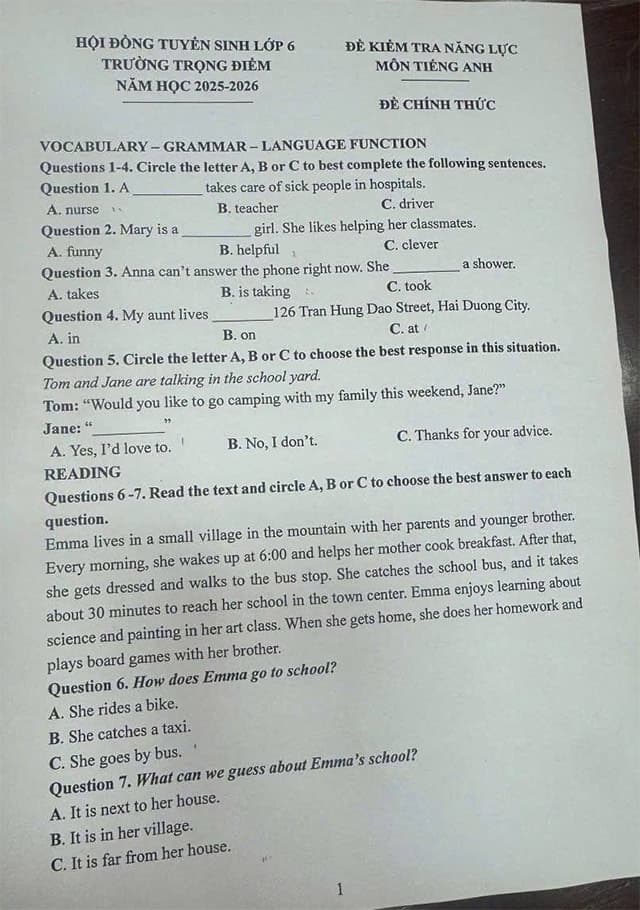 Đề thi Tiếng Anh vào lớp 6 trường THCS Trọng điểm Hải Dương năm 2025-2026