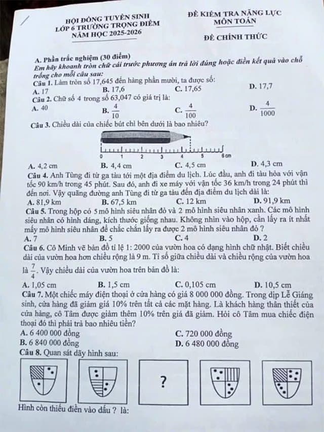 Đề thi vào lớp 6 môn Toán trường THCS Trọng điểm Hải Dương năm 2025-2026