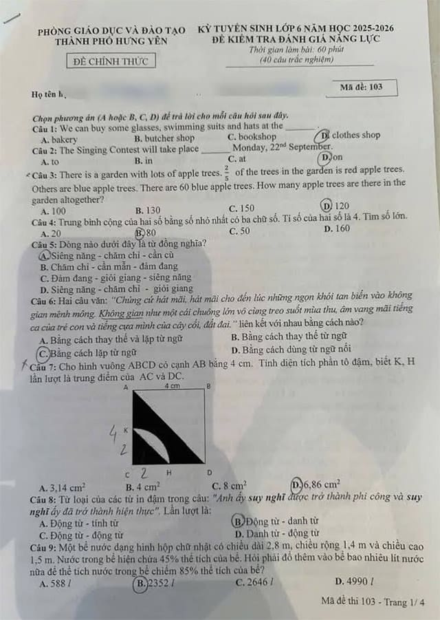 Đề thi vào lớp 6 CLC Thành phố Hưng Yên năm 2025-2026