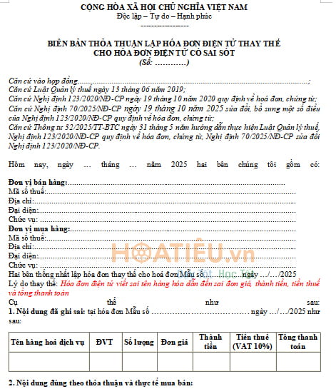 Tải Mẫu biên bản thay thế hoá đơn điện tử