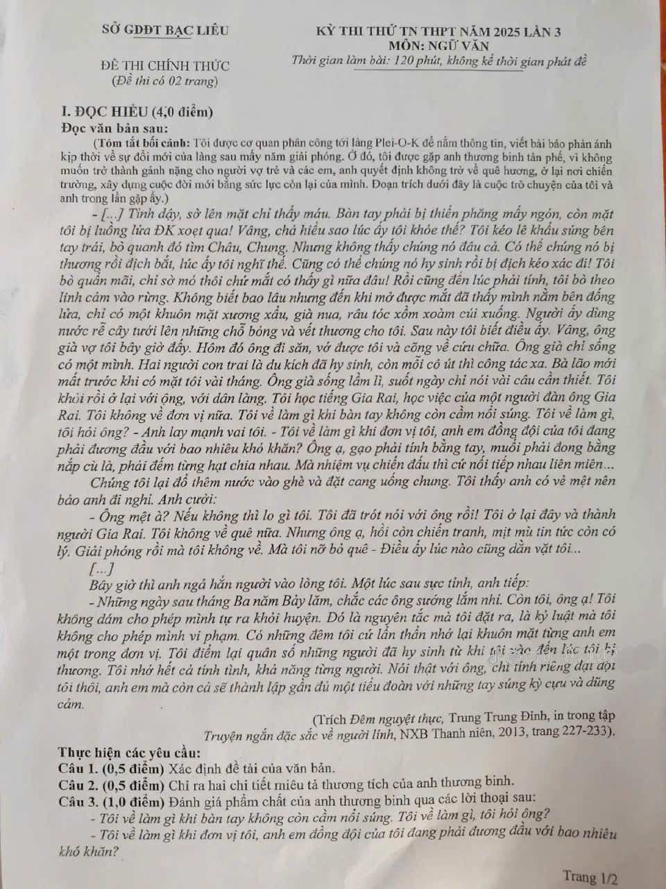 Đề thi thử THPT 2025 môn Văn Bạc Liêu