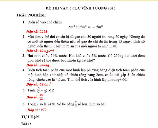 Đáp án đề thi Toán vào lớp 6 môn Toán trường THCS Vĩnh Tường 2025-2026