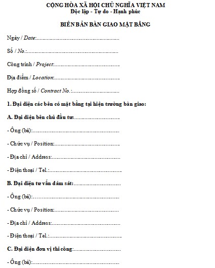 Mẫu biên bản bàn giao mặt bằng thi công