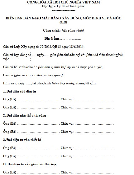 Mẫu biên bản bàn giao mặt bằng xây dựng file word