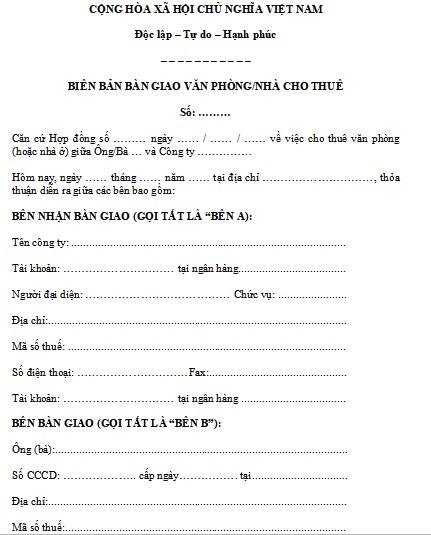 Mẫu biên bản bàn giao mặt bằng cho thuê