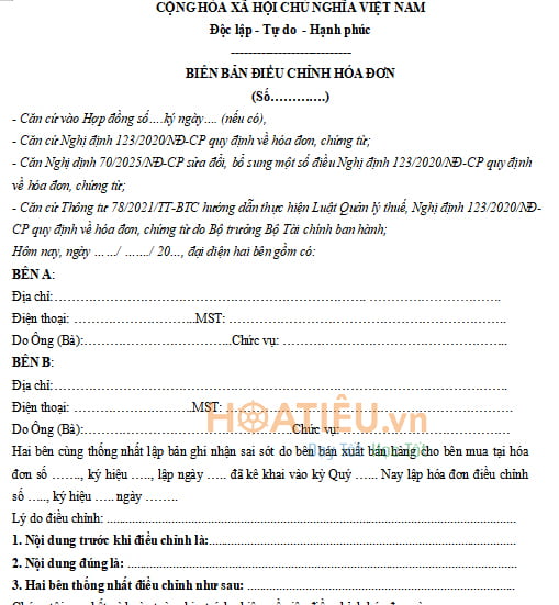 Mẫu biên bản điều chỉnh hóa đơn theo Nghị định 70