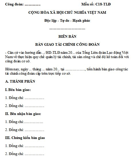 Biên bản bàn giao tài chính công đoàn