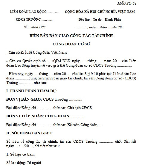 Biên bản bàn giao công đoàn cơ sở trường học