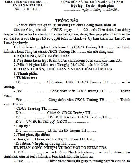 Thông báo về việc kiểm tra quản lý, sử dụng tài chính công đoàn