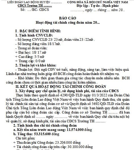 Báo cáo hoạt động tài chính công đoàn