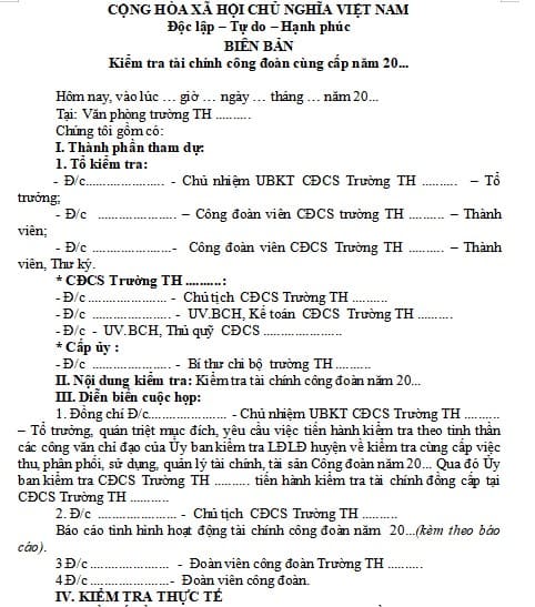 Biên bản kiểm tra tài chính công đoàn cùng cấp