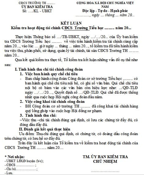 Kết luận sau khi kiểm kê quỹ tiền mặt