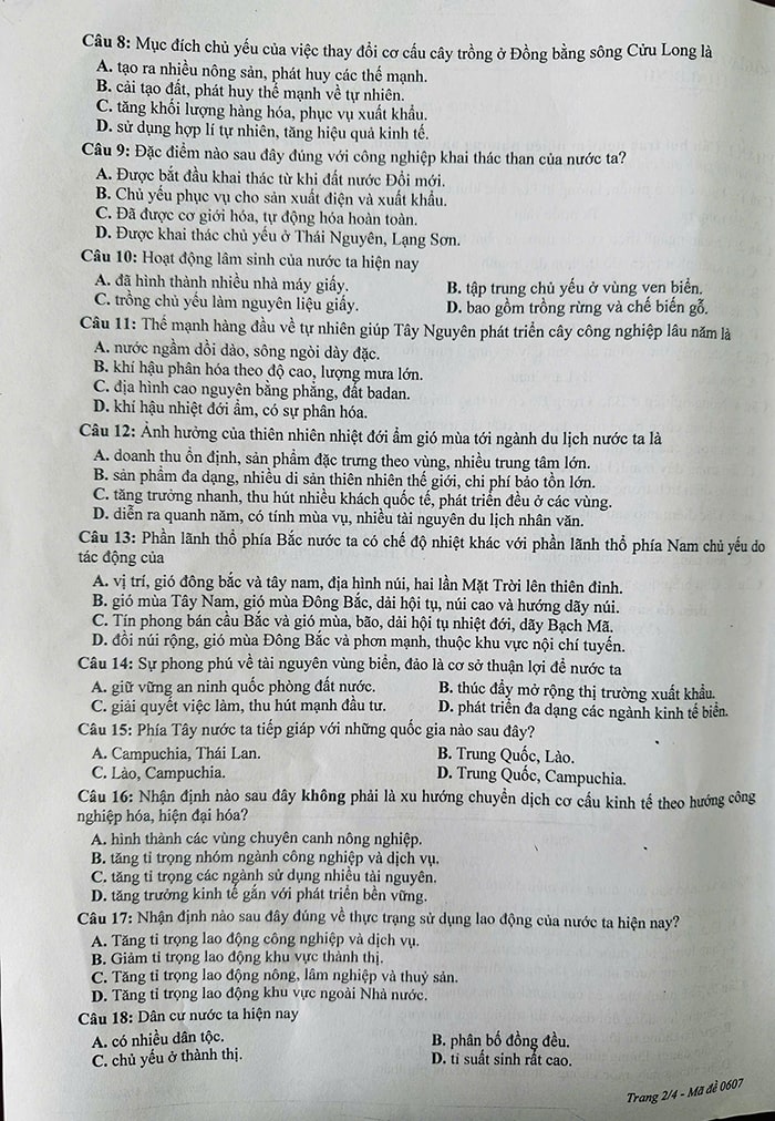 Đề thi thử tốt nghiệp THPT 2025 môn Địa lí Thái Bình