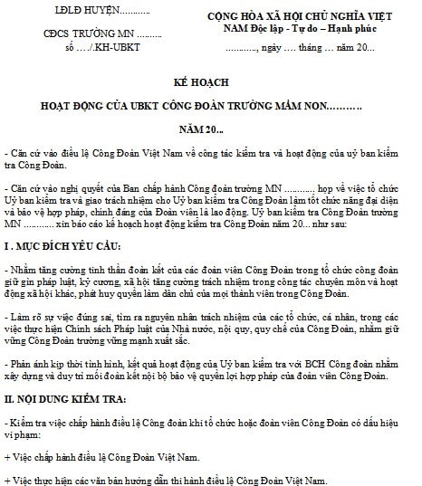 Kế hoạch kiểm tra của UBKT Công đoàn cơ sở trường học