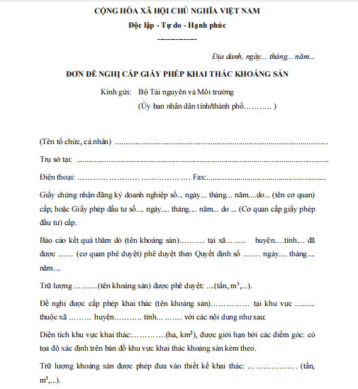 Đơn đề nghị cấp giấy phép khai thác khoáng sản
