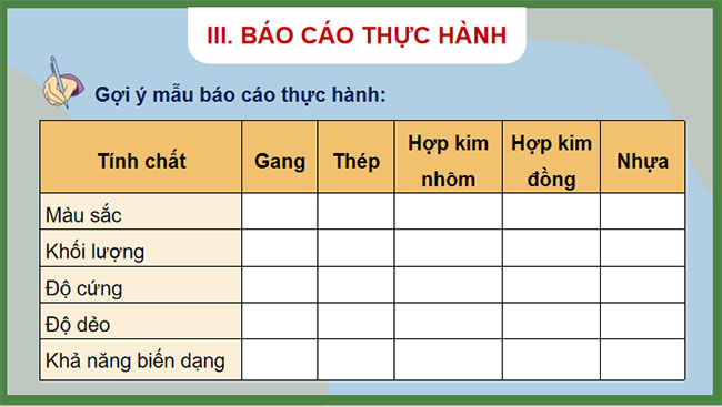 Thực hành nhận biết tính chất cơ bản của vật liệu cơ khí thông dụng