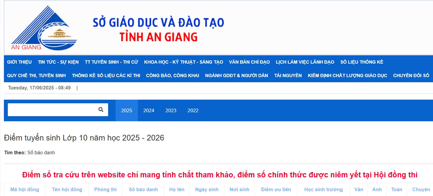 Tra cứu điểm thi tuyển sinh lớp 10 An Giang 2025