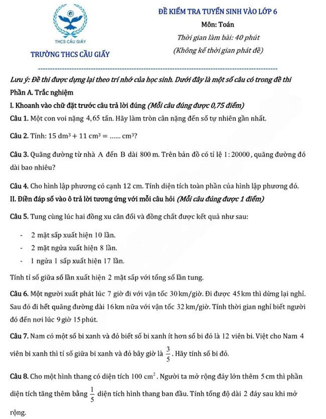 Đề thi vào lớp 6 môn Toán trường THCS Cầu Giấy năm 2025-2026
