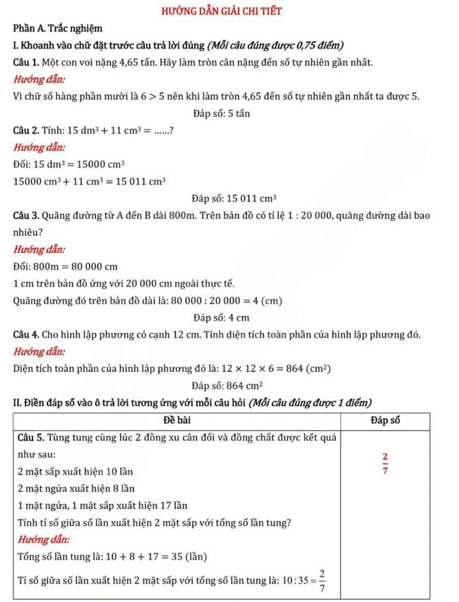 Đáp án đề thi vào lớp 6 môn Toán trường THCS Cầu Giấy năm 2025-2026