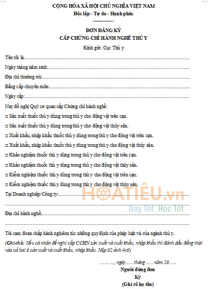 Mẫu đơn đăng ký cấp chứng chỉ hành nghề thú y Đơn đăng ký cấp chứng chỉ hành nghề thú y