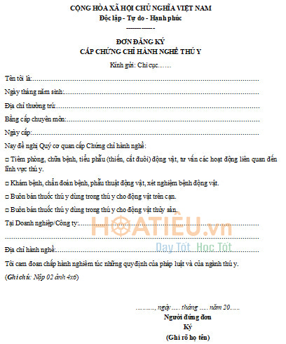 Mẫu đơn cấp chứng chỉ đối với nghề thú y 2016 Mẫu đơn đăng ký cấp chứng chỉ hành nghề thú y