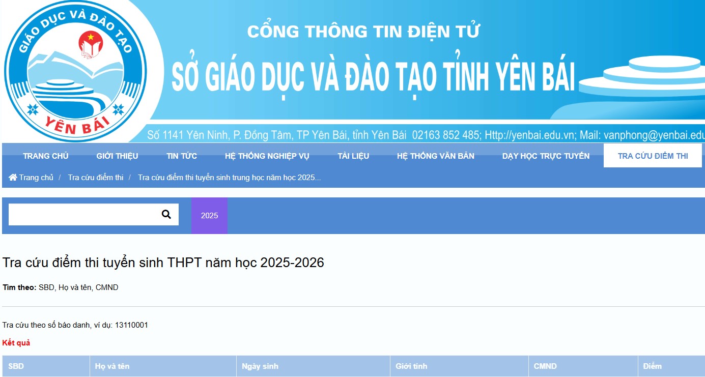 Tra cứu điểm thi vào lớp 10 2025 Yên Bái