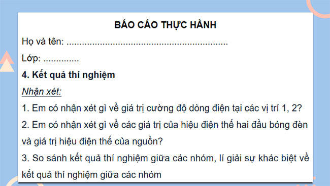  Thực hành đo cường độ dòng điện và hiệu điện thế
