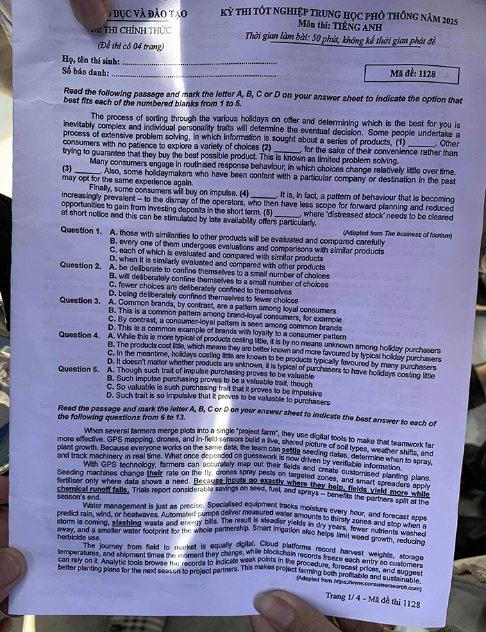 Đề Anh thi THPT quốc gia 2025