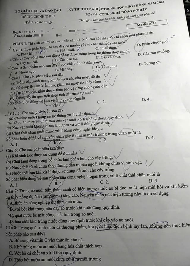 Đề thi tốt nghiệp môn Công nghệ 2025