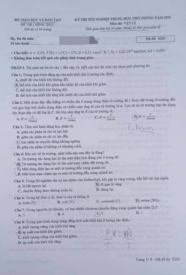 Đề thi Vật Lý THPT Quốc gia 2025