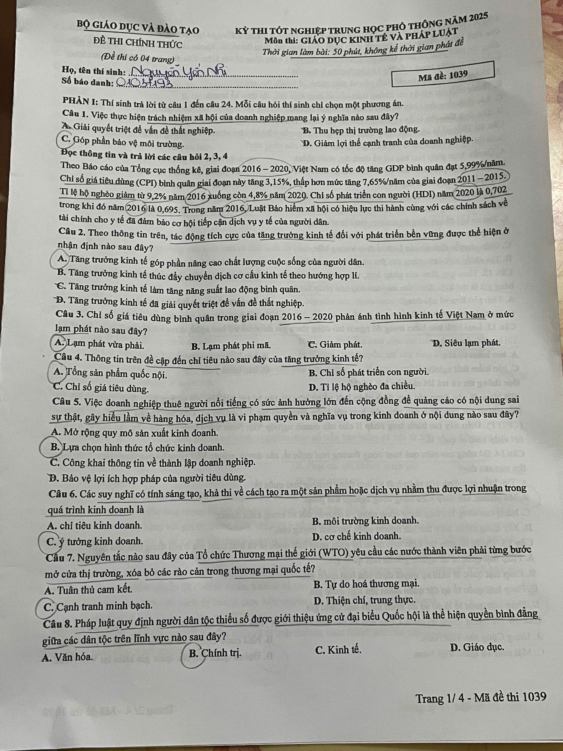 Đề thi tốt nghiệp THTP 2025 môn KTPL