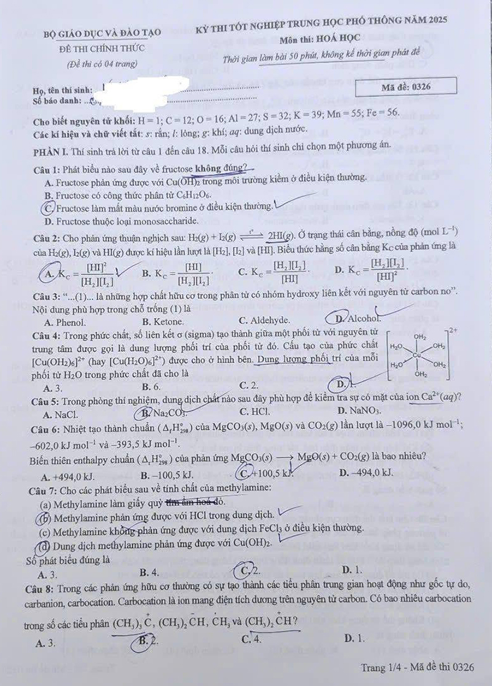 Đề Hóa THPT quốc gia 2025