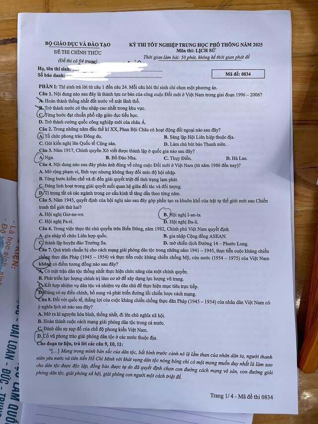 Đề Sử THPT quốc gia 2025