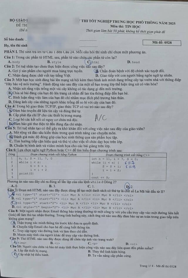 Đề thi tốt nghiệp môn Tin học 2025