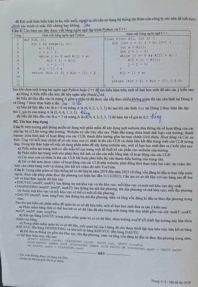 Đề thi tốt nghiệp môn Tin học 2025
